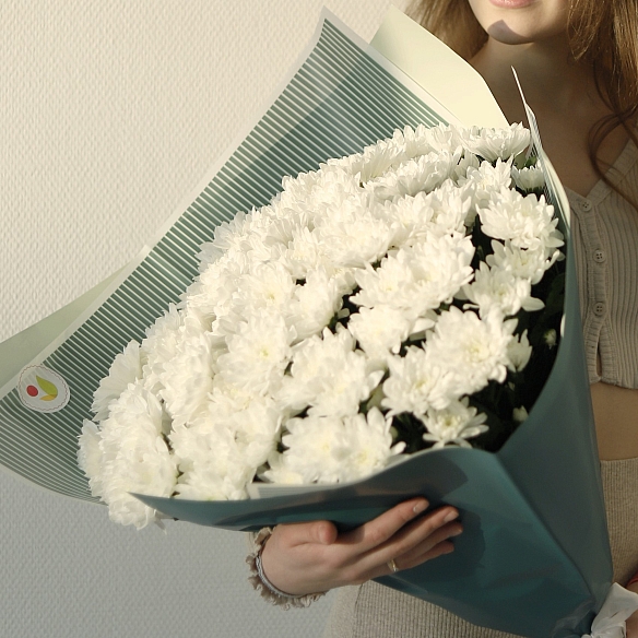 15 белых кустовых хризантем в упаковке