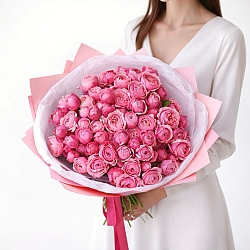 25 малиновых кустовых роз в упаковке (Россия)