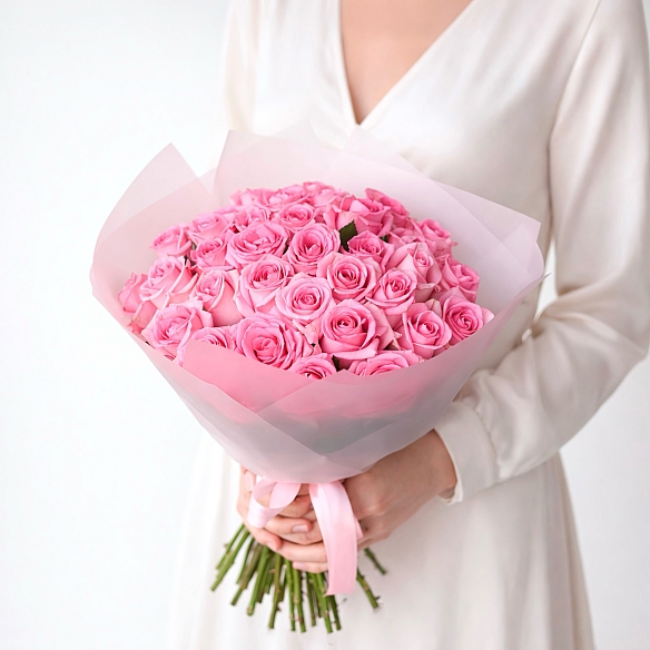 35 розовых роз 40см в упаковке (Россия)