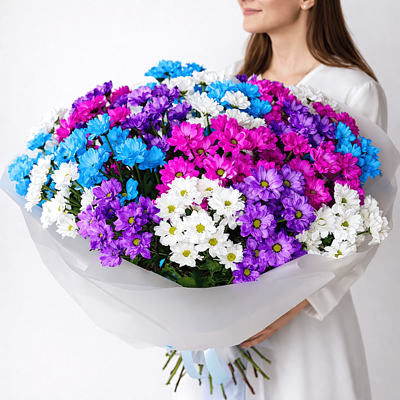 25 кустовых хризантем микс в упаковке