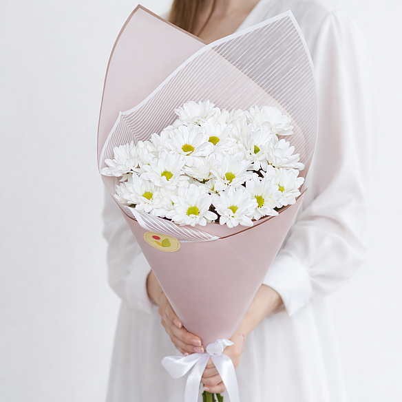 5 белых кустовых хризантем в упаковке