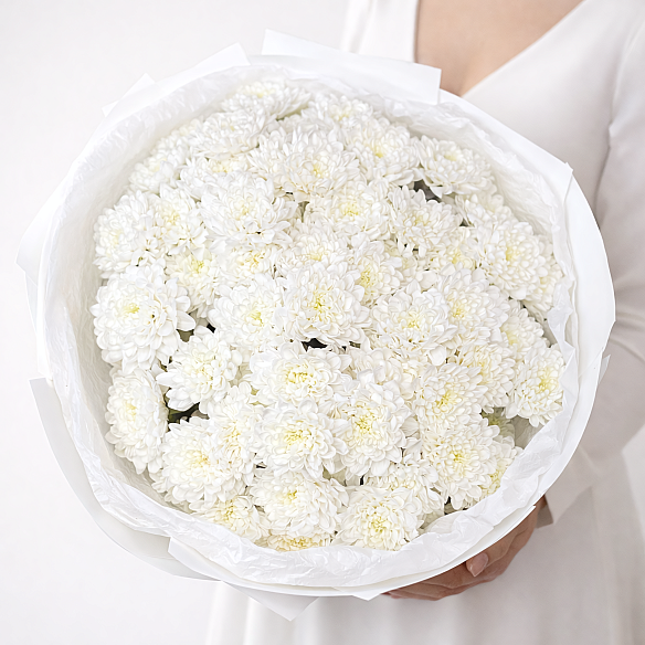 15 белых кустовых хризантем в упаковке