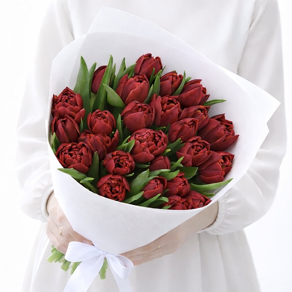25 красных пионовидных тюльпанов в упаковке (Россия)