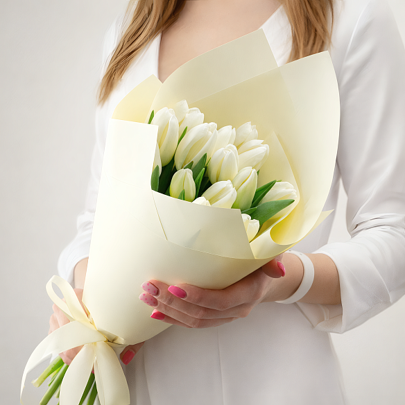 15 белых тюльпанов в упаковке