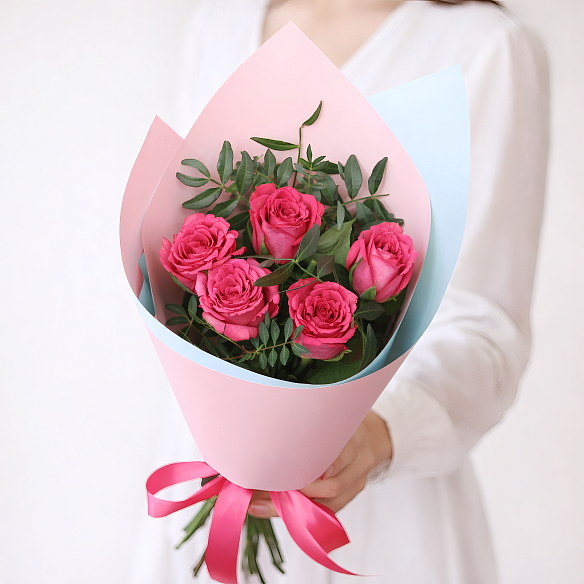 5 малиновых роз с фисташкой