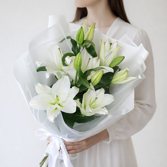 3 белых лилии в упаковке