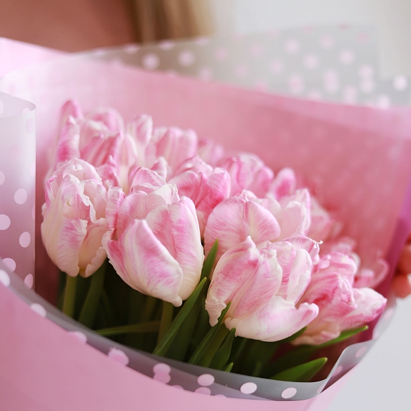 15 нежно-розовых тюльпанов.