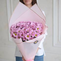 9 розовых кустовых хризантем в упаковке