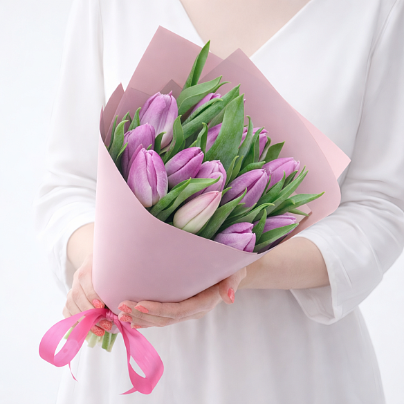 15 розовых тюльпанов в упаковке