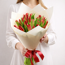 25 красных тюльпанов в упаковке