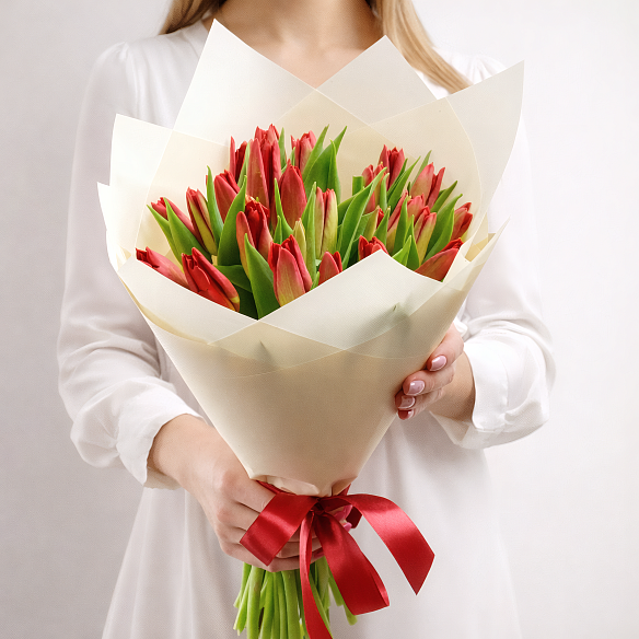 25 красных тюльпанов в упаковке