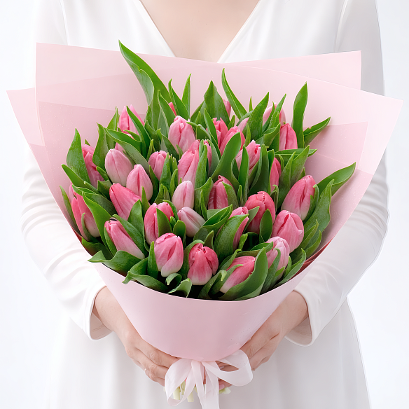 35 розовых тюльпанов в упаковке