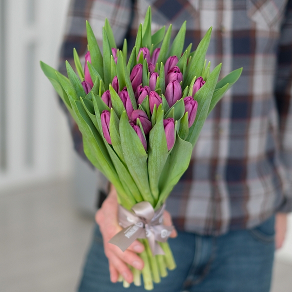 25 фиолетовых тюльпанов