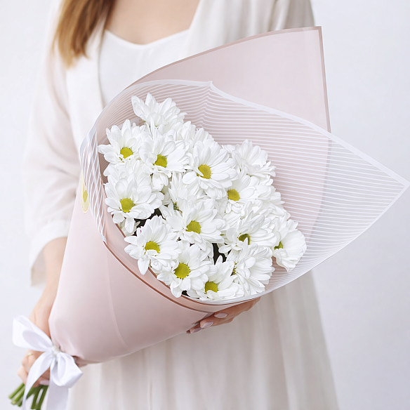 5 белых кустовых хризантем в упаковке