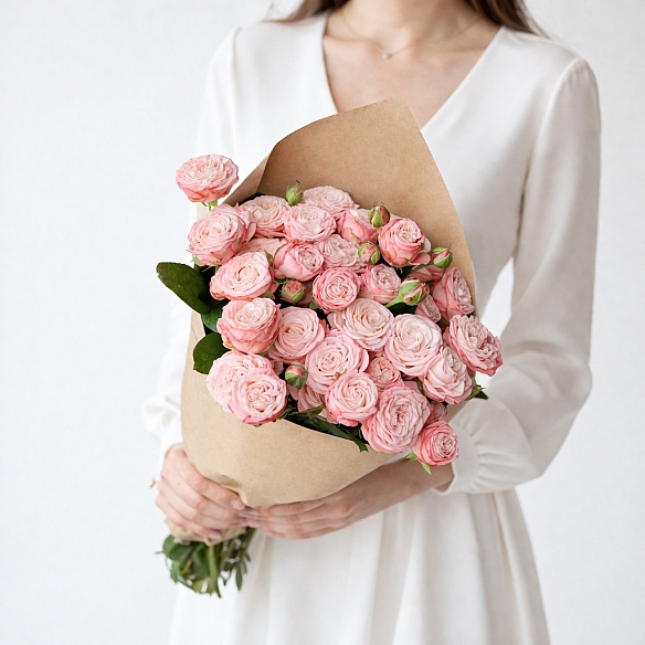 Охапка розовых кустовых роз (Россия)