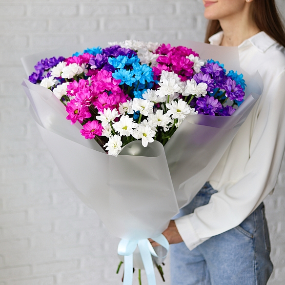 15 кустовых хризантем микс в упаковке